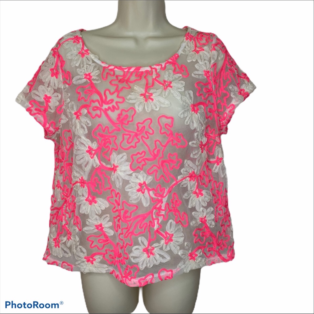 Anthropologie Meadow Rue Women’s Sheer Mesh Textured Pink and White Top